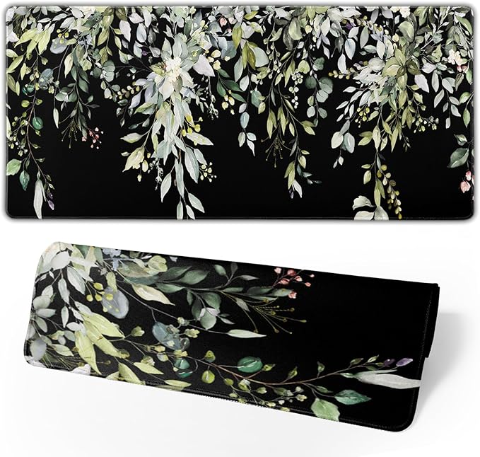 Sage Green Leaves Mouse Pad 31.5x11.8in Floral Black Gaming Mouse Pad Vintage Aesthetic Desk Pad Extended Large Desk Mat Non-Slip Rubber Base Stitched Edge Long Keyboard Mousepad for Computer Laptop