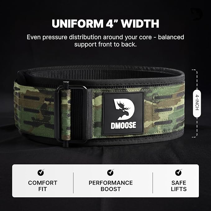 DMoose Weight Lifting Belt - Auto Locking Gym Belt for Olympic Training, WOD, Cross Training for Men and Women - 4" Nylon Workout belt with Adjustable Buckle - Provides Lumbar Support and Stability