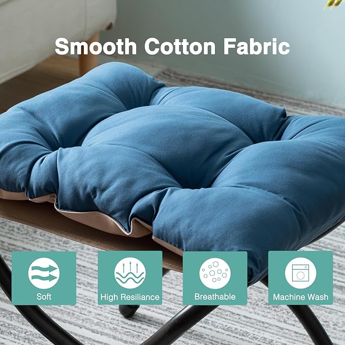 15" Folding Foot Stool for Patio, Small Accent Outdoor Ottoman, Metal Frame Foldable Foot Rest, Upholstered Morden Folding Footstool for Home Living Room Bedroom Washable Sapphire