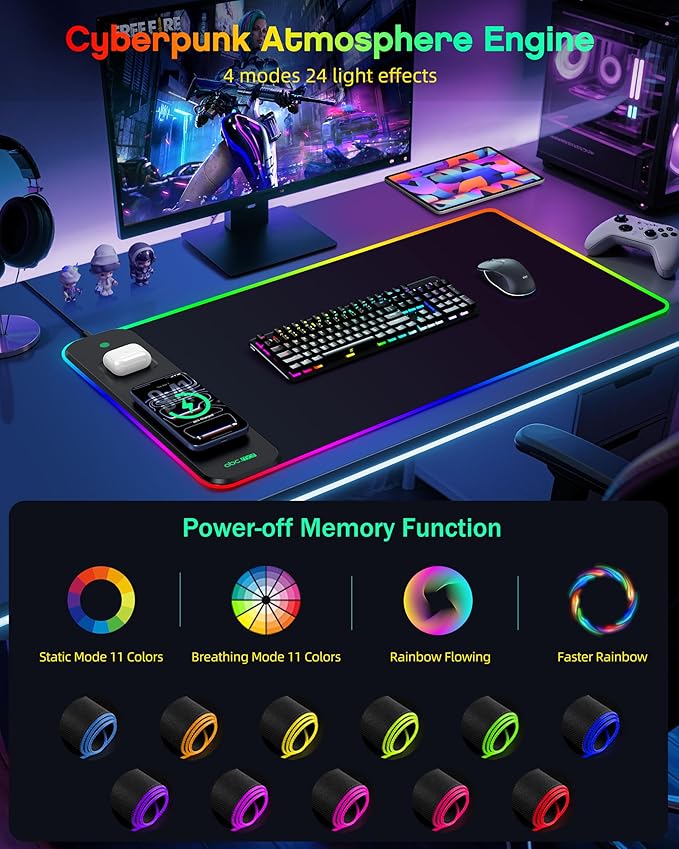 3-in-1 RGB Gaming Mouse Pad with Wireless Charging for Phone/AirPods, 31.5"x15.8" Large, 24 Light Effects, Non-Slip Base, Waterproof Ultra-Smooth Surface, No Adapter