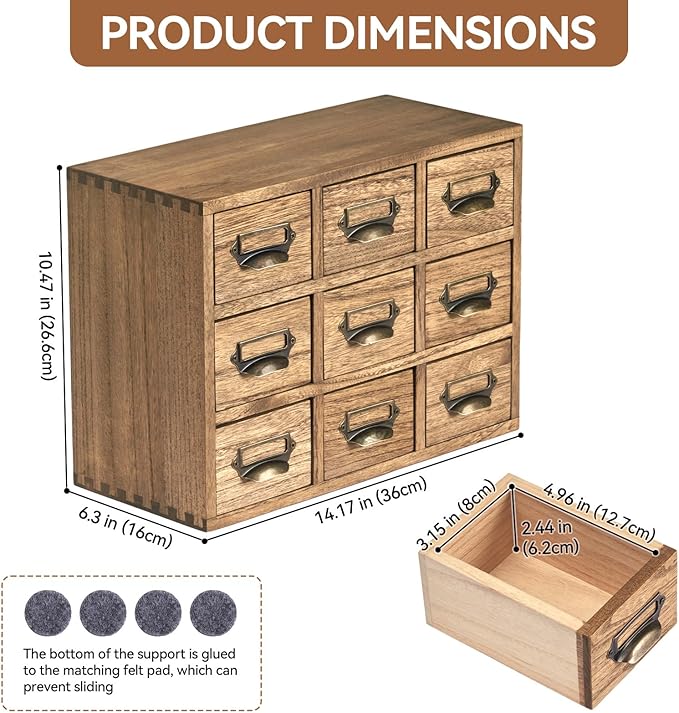 KIRIGEN Wooden Desk Storage Cabinet with 9 Mini Drawers, Solid Wood Desktop Organizer with Metal Label Handles for Office Supplies, Crafts, Tea Bags, Makeup, Brown 9CG-DBR