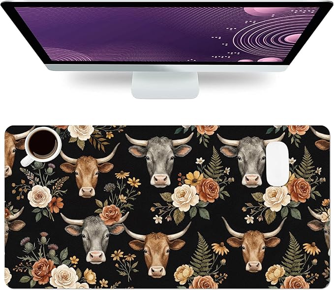 Cute Desk Mat, Highland Cow Floral Large Mouse Pad for Desktop, PU Leather Waterproof Desk Pad, Anti-Slip Computer PC Laptop Protector Gaming Mouse Pads for Office Home Decorations (31.5" x 15.7")