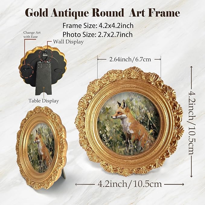 Vintage Fox Round Picture Frame Wall Decor, Rustic Farmhouse Gold Mini Ornate Photo Frame for TableTop Desk 2.7in Photo, Fall Framed Artwork for Walls Office Bedroom Cottage Shelf