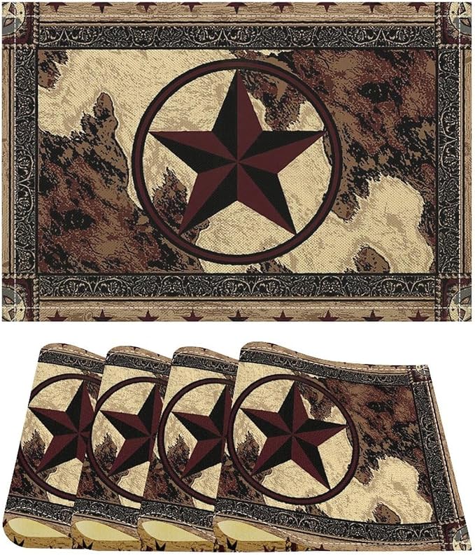 Western Placemats Western Star Country Wood Grain Decor Vintage Rustic Theme Linen Washable Table Mats Stain Heat-Resistant Desktop Decor Place Mats for Home Kitchen Dining Party 12x18 in 6 Pcs