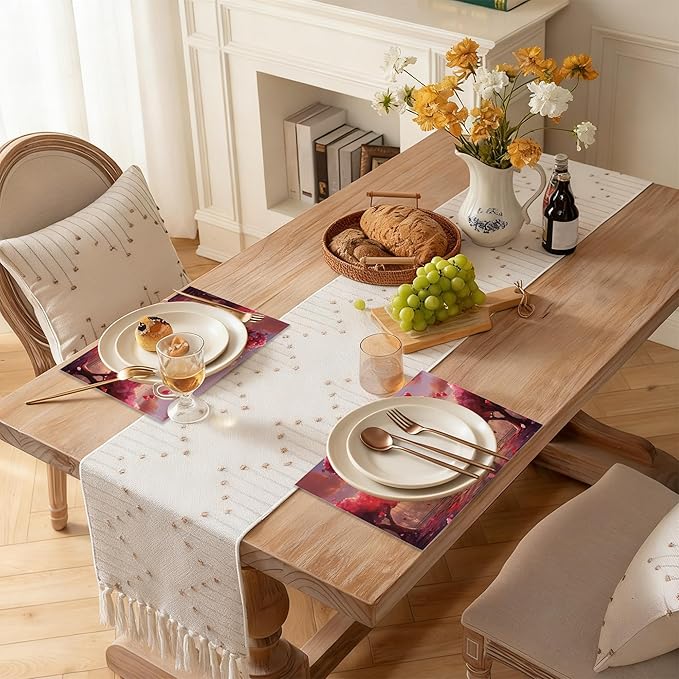 Linen Placemats Set of 6, Red Love Haert Washable Table Mats 12x18 Inch, Heat Resistant Non Slip Placemats for Dining Table Kitchen Everyday Use