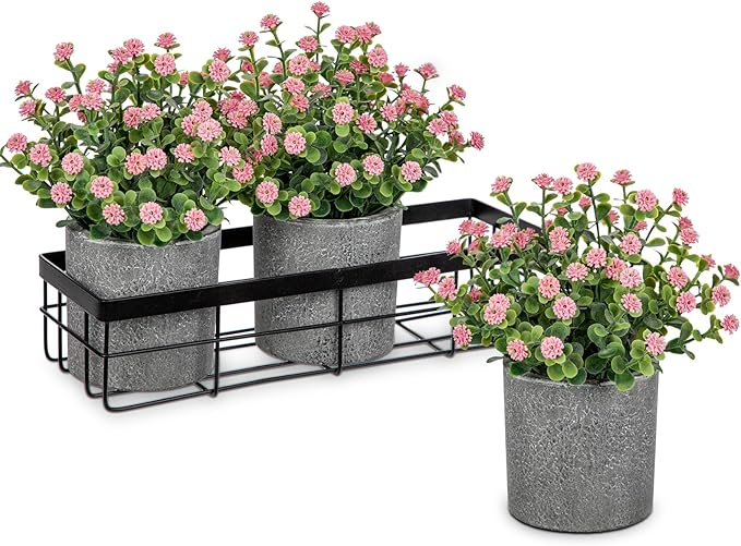 DILATATA Baby's Breath Artificial Flowers Table Centerpiece Decoration Potted Artificial Babys Breath Small Fake Plants for Shelf Desk Home Decor Fake Pink Babys Breath Flower with Vase