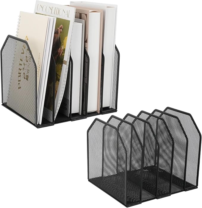 RETON 2 Pack Mesh File Sorter Organizer for Desktop, 5-Section Black Metal Vertical Desk File Organizer, Adjustable Upright Bookshelf File Holder Stand for Office Home Classroom Documents Books
