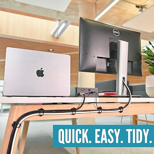 [Made in the UK] 10-Pack Adjustable Elastic Self-Adhesive Cable Tidy Clips, Cable Management Organiser for Office, Home, Under Desk, Behind TV, Charging Phone, Laptop, PC, HDMI, USB (BLACK)