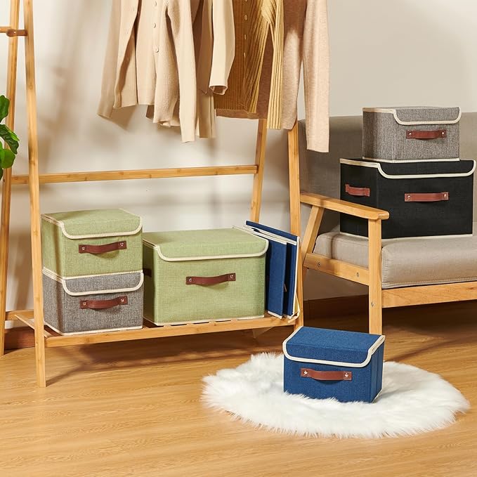Storage Boxes with Lid Cotton Linen Fabric Storage Bins Organizer Container Decorative Collapsible Washable Shelf Baskets Faux Leather Handles for Home Bedroom Closet (Gray, Large Size)