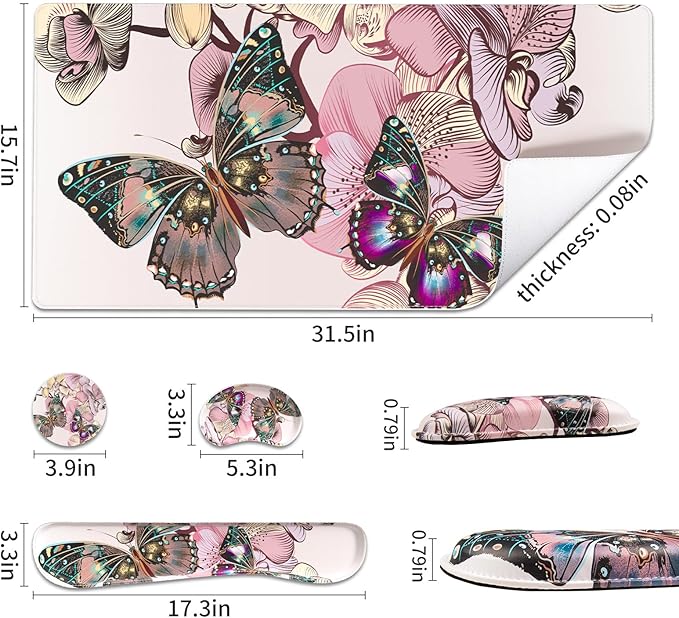 QiyI Leather Desk Mat Set, 4-in-1 Large Mouse Pad with Wrist Rest, Non-Slip Desk Pad + Keyboard Wrist Rest + Mouse Wrist Support + Coaster, Office Desk Accessories Home Decor Supplies, Butterflies
