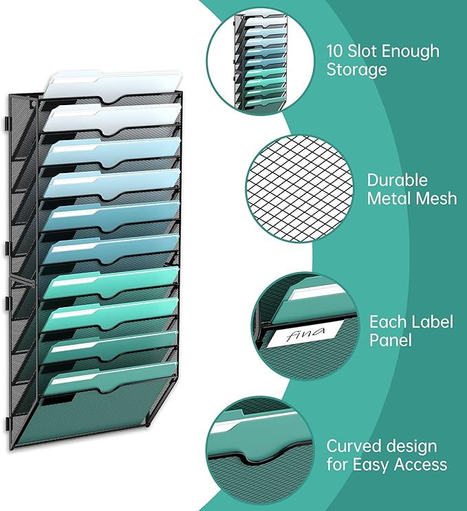 SUPEASY 10-Tier Wall File Organizer, Hanging Wall Files for Papers, Folders, Magazines, Wall Organizer for Clipboard, Assembly Needed, Black, 2 Pack