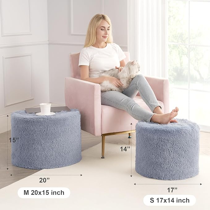 Hansleep Round Stuffed Pouf Ottoman 20 x 15, Foam Filled Faux Fur Ottoman Foot Rest for Chair with Washable Cover, Foot Stools Under Desk for Living Room & Bedroom, Grey