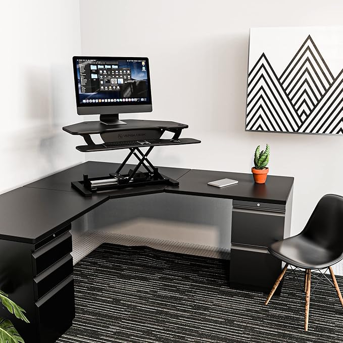 VERSADESK PowerPro 36" Corner Standing Desk Converter, 36 Inch Motorized Height-Adjustable Standup Desk Riser Sit to Stand Desktop with Keyboard and Mouse Tray + USB Charging Port, Black