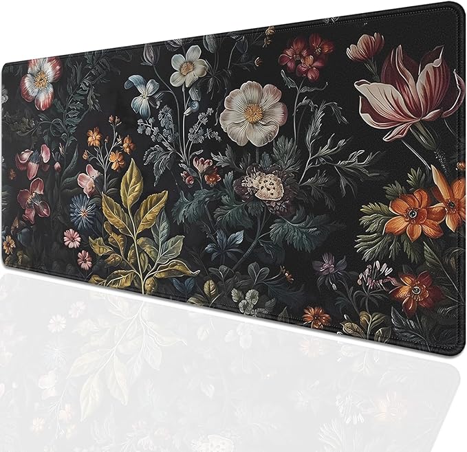 Dark Floral Large Mouse Pad Desk Mat, 27.5x11.8in Vintage Botanical Desk Pad Keyboard Mousepad with Stitched Edges, Non-Slip Waterproof Rubber Base for Office, Computer & Laptop