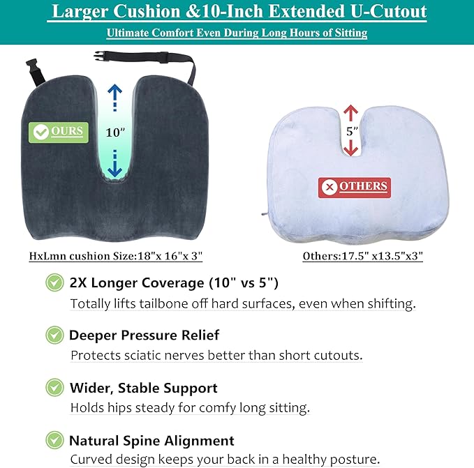 Tailbone Pain Relief Office Chair Cushion 10-Inch Extended U-Cutout,Large-18"x16"x3",Coccyx,Sciatica Pain Relief Memory Foam Wheelchair Car Seat Cushion,But Pillow Pad for Pressure Relief, Blue Grey