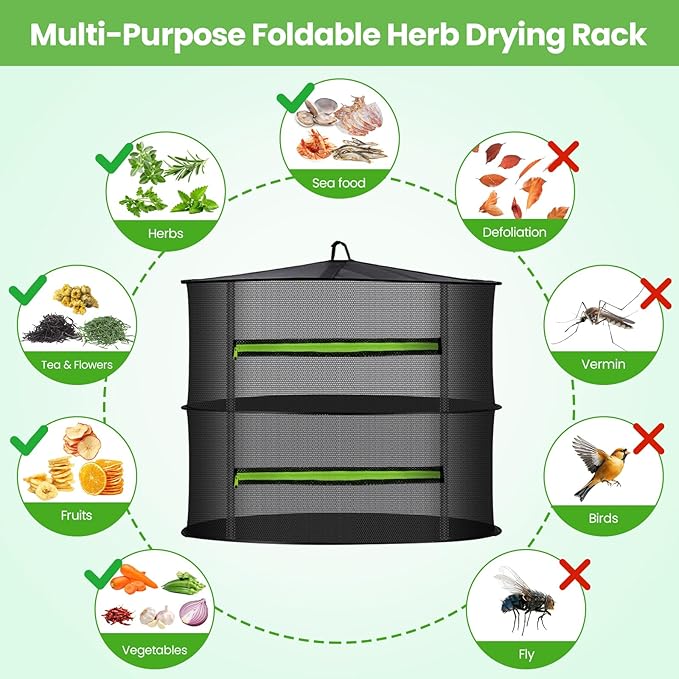 MEKOLIFE 2 Layer Herb Drying Rack, Collapsible Mesh Drying Rack, Small Hanging Drying Net with Green Zipper & Hooks, Indoor Outdoor for Drying Herbs, Socks, Underwear, Seafood & Camping Food (11.81")