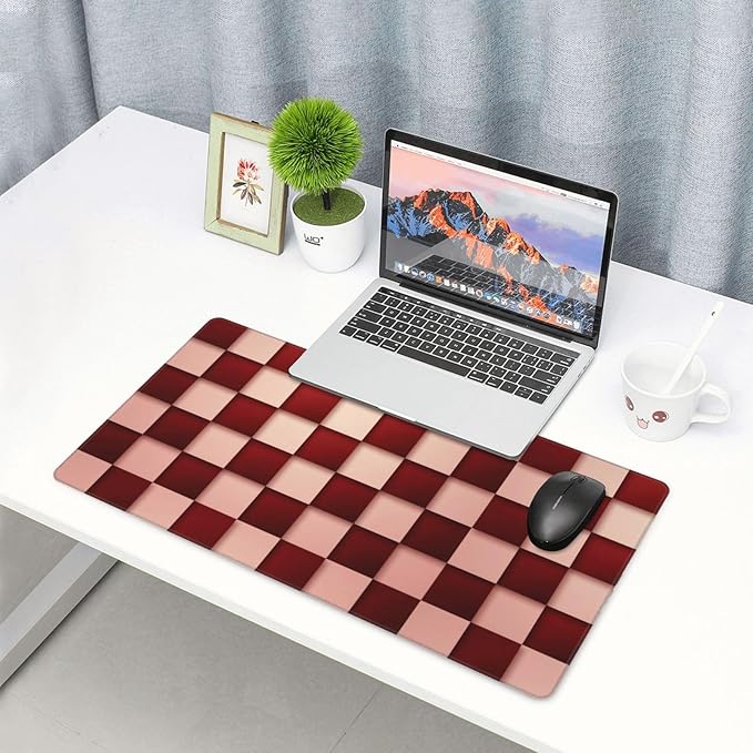 Red and Pink Checkered Large Mouse Pad & Desk Mat Plaid Grid Pattern Extended Mousepad Non-Slip Rubber Base Laptop Computer Keyboard Pad for Gaming, Office & Home Decor, XXL - 29.5" X 15.8"