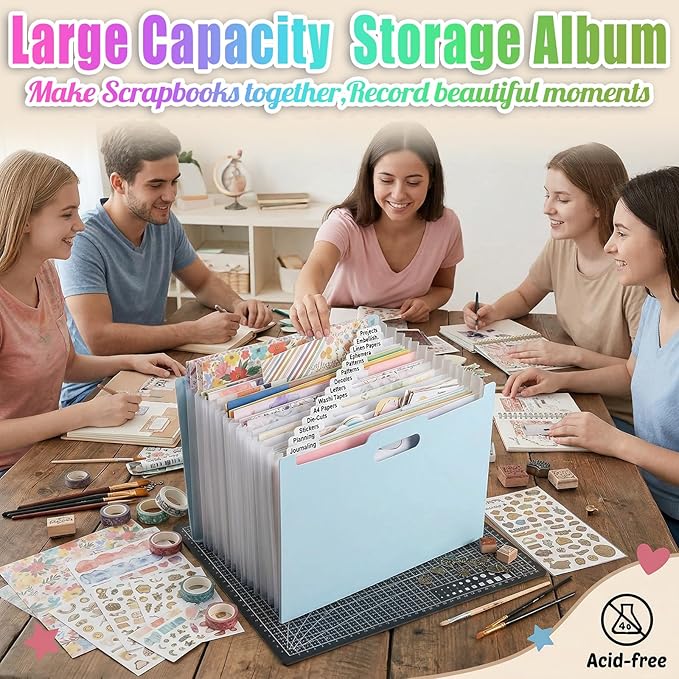 12x12 Scrapbook Paper Storage Organizer with 13 Expandable Pocket, Large Scrapbook Paper Storage for Craft Room Sticker Storage and Organization, Desktop Paper Holder (3 Pcs, Blue+Cream+Pink)