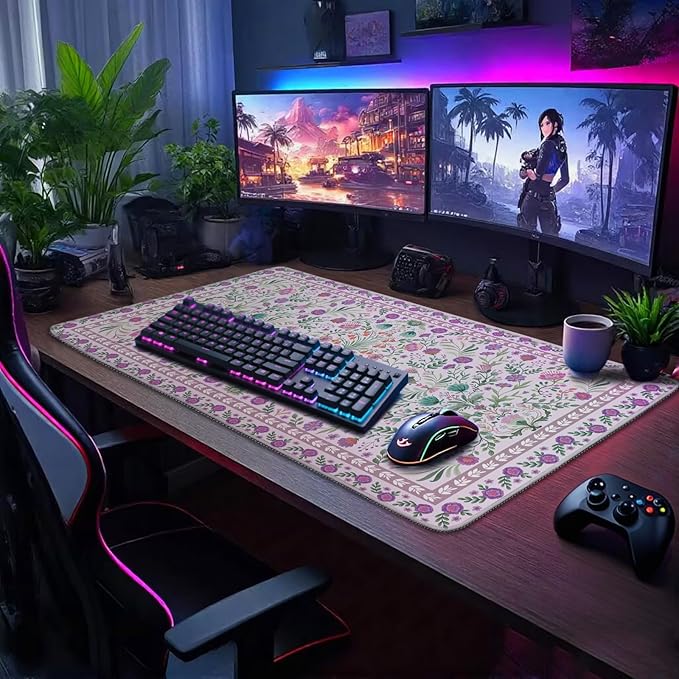 Purple Floral Desk Mat, 31.5"x15.7" Large Mouse Pad, Anti-Slip Rubber Base Keyboard Pad with Stitched Edges, Water-Resistant Smooth Desk Blotter, Computer Mat for Home Office Desk