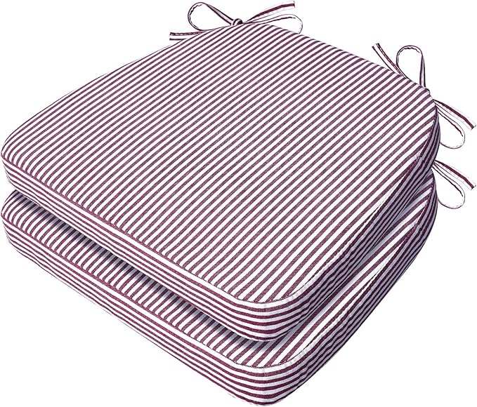 AAAAAcessories D-Shaped Chair Cushions, 2" Thick Dining Chair Pads with Ties and Removable, Machine-Washable Cover, 17" x 16", Set of 2, Pinstripe Red