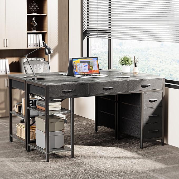 Huuger Computer Desk with 6 Drawers, Office Desk with Shelves, Reversible Gaming Desk, Corner Desk with Storage, Work for Home Office, Study, Living Room, 47inch, Grey