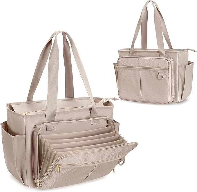 Teacher Tote Bag with Accordion File Organizer Pocket, Large Teacher Work Utility Bag for Women, Light Tan (Patent Design)