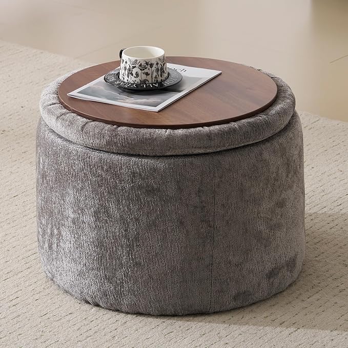 Modern Round Storage Ottoman, Chenille Ottoman Foot Stools, Ottoman Footstool with Removable Lid, Storage Ottoman for Living Room, Multi-Functional Footrest, Dark Grey