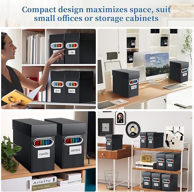File Organizer Box with Lid & Handle, Heavy Duty Hanging File Folder Storage Boxes for Letter Size, Portable Filing Organizer for Office, Home, Classroom, Black 4 Pack