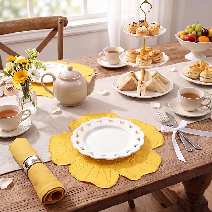 Moukeren Set of 6 Elegant Floral Placemat 16'' Flower Shaped Place Mat Flower Embroidery Table Mat for Wedding Bridal Shower Baby Shower Tea Party Kitchen Dining Table Decor(Yellow)