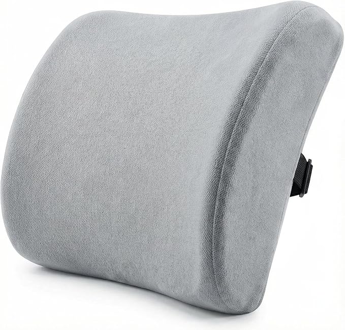 Poshetion Lumbar Support Pillow for Office Chair & Car – Memory Foam Back Cushion with Adjustable Straps & Breathable Mesh Cover（Light Grey）