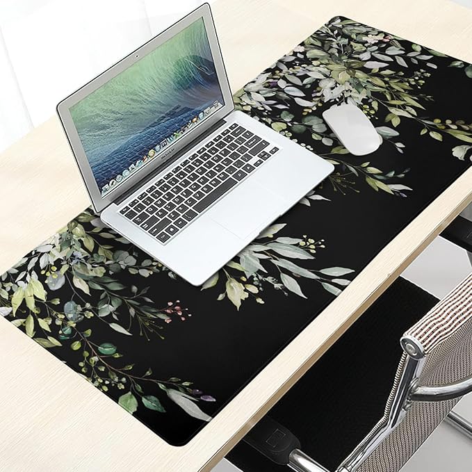 Sage Green Leaves Mouse Pad 31.5x11.8in Floral Black Gaming Mouse Pad Vintage Aesthetic Desk Pad Extended Large Desk Mat Non-Slip Rubber Base Stitched Edge Long Keyboard Mousepad for Computer Laptop