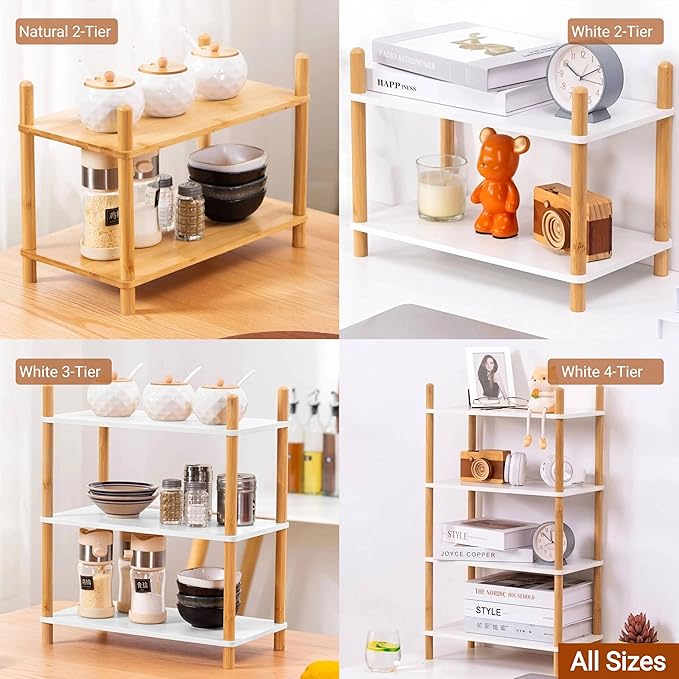 3-Tier Expandable Bamboo Desktop Organizer Shelf Kitchen Cabinet and Counter Riser Display Shelf for Top of Desk Home Office Bathroom Coffee Table Display Stand
