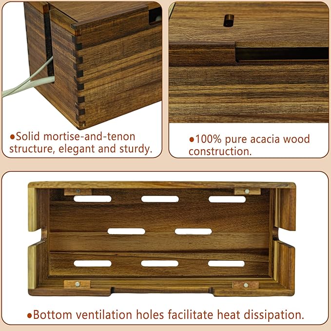 Acacia Wood Cable Management Box, Large Wooden Cord Hider Organizer for Power Strip, TV Wires, Desk & Floor Electrical Cords - Under Desk Wire Storage Box for Home Office Cable Organization