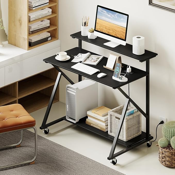 Tangkula 39.5" Mobile Computer Desk with Power Outlets, Rolling Laptop Workstation with Monitor Stand & Storage Shelf, Gaming Writing Desk with Lockable Wheels for Home Office Bedroom (Black)