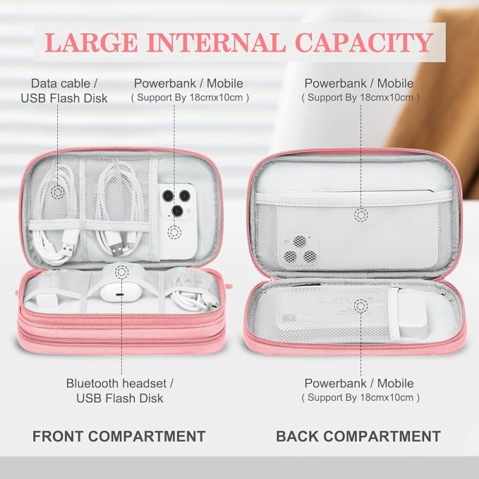 FYY Electronic Organizer, Electronic Accessories Carry Case Portable Waterproof Pouch Double Layers Storage Bag for Travel Cable, Cord, Charger, Phone, Earphone, Medium Size, Pink