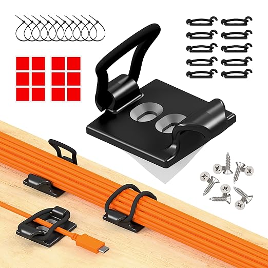 [Made in the UK] 10-Pack Adjustable Elastic Self-Adhesive Cable Tidy Clips, Cable Management Organiser for Office, Home, Under Desk, Behind TV, Charging Phone, Laptop, PC, HDMI, USB (BLACK)