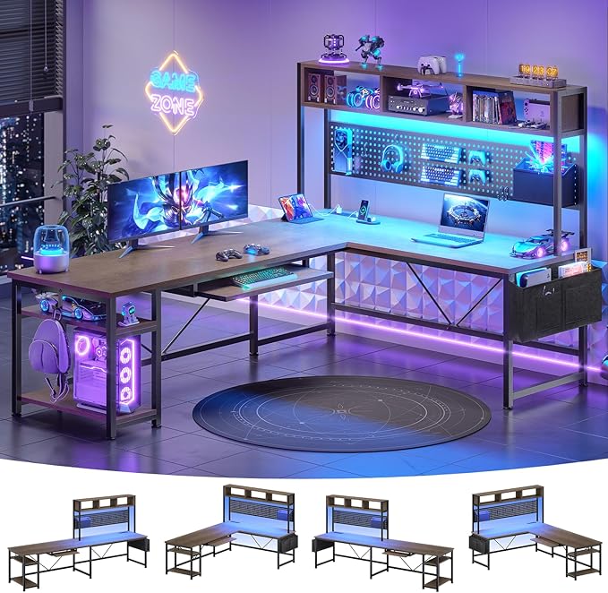 SEDETA L Shaped Desk, 94.5 Inch Office Desk with Power Outlet & Pegboard, L Shaped Desk with Led Light, Keyboard Tray, Storage Shelves and Headphone Hook for Home Office, Walnut Brown