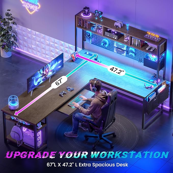 SEDETA L Shaped Desk, 94.5 Inch Office Desk with Power Outlet & Pegboard, L Shaped Desk with Led Light, Keyboard Tray, Storage Shelves and Headphone Hook for Home Office, Walnut Brown