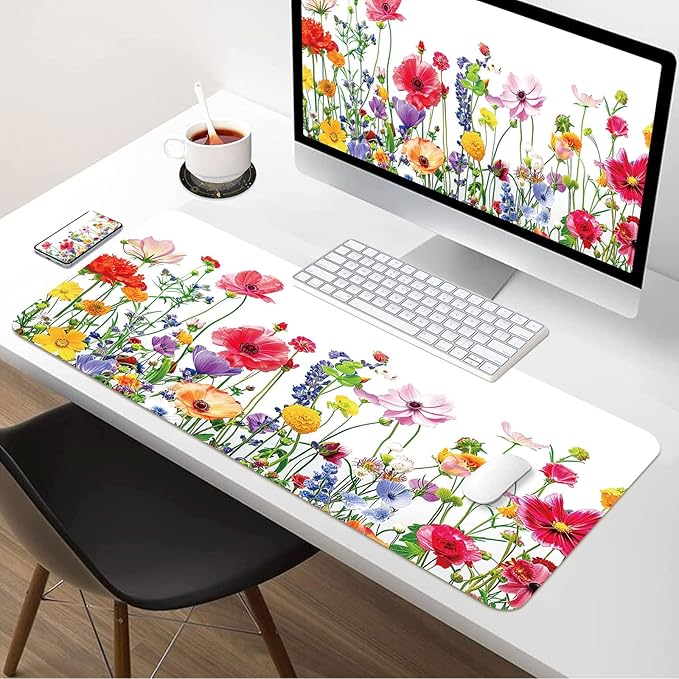 BLESWIN Leather Desk Mat 35.4" x 15.7", Laptop Desk Pad Computer Mat, Non-Slip PU Floral Desk Mat, Waterproof Large Mouse Pad for Office, Home, Gaming (Flower,35.4" x 15.7")
