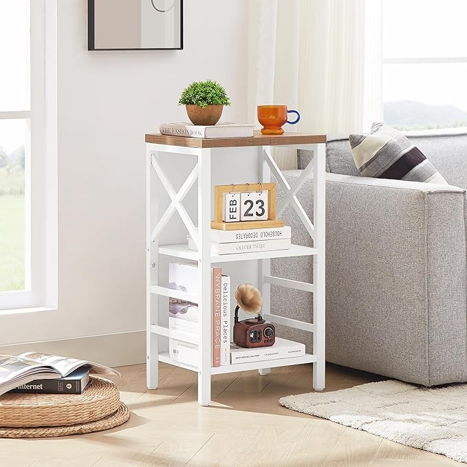 MNEETRUNG Small Bookshelf,3 Tier Industrial Bookcase with Metal Frame and Backboard,Low White Book Shelf,Book case for Small Spaces,Living Room,Bedroom and Home Office