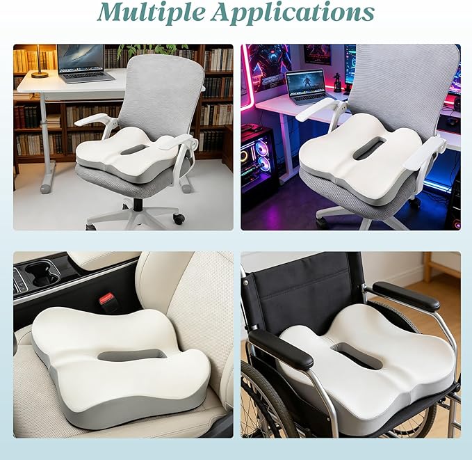 SheRest Seat Cushion, Ergonomic Memory Foam Cooling Cushion, Pressure Relief Suitable for Long Sitting Hours on Office Chairs, Desks, Cars and Airplane Seats, White