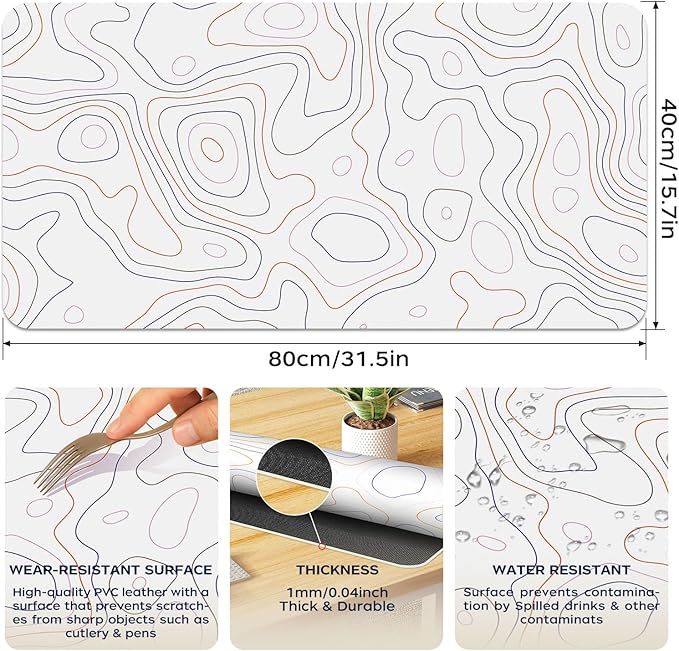 BLESWIN White Topographic Map Desk Mat 31.5" x 15.7", PU Leather Computer Laptop Desk Mat, Non-Slip Waterproof Mouse Keyboard Pad, Desk Writing Matt for Work/Home, 31.5"x 15.7", Topographic
