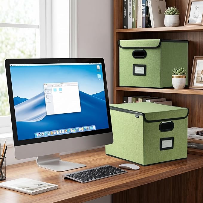 Qerlei File Organizer Boxes with Lids,Collapsible File Folder Organizer with Plastic Slide,Collapsible Filing & Storage Boxes for Office/Decor/Home (Green, 1 Pack)