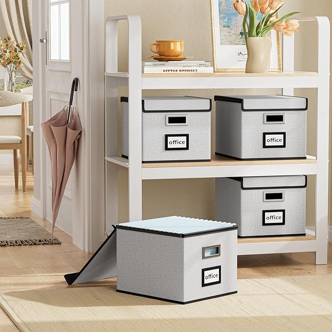 File Organizer Box with Lid, Collapsible File Folder Organizer for Office Document Storage, Filing Box with Plastic Slide for Letter Size Hanging File Folders(1 Pack, Light Grey)