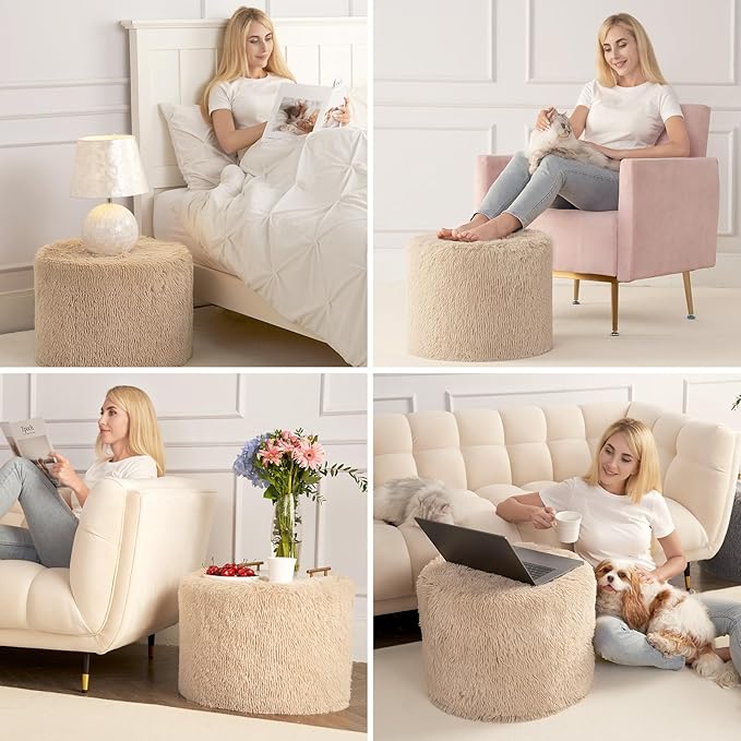 Hansleep Round Stuffed Pouf Ottoman 20 x 15, Foam Filled Faux Fur Ottoman Foot Rest for Chair with Washable Cover, Foot Stools Under Desk for Living Room & Bedroom, Brown