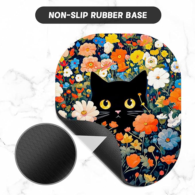 Small Mouse Pad, 6 x 7 Inch, Oval Mini Mouse Pad with Non-Slip Rubber Base for Laptop Wireless Mouse Keyboard Tray Mousepad, Cute Black Cat