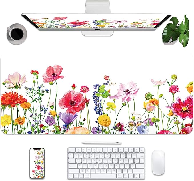 BLESWIN Leather Desk Mat 35.4" x 15.7", Laptop Desk Pad Computer Mat, Non-Slip PU Floral Desk Mat, Waterproof Large Mouse Pad for Office, Home, Gaming (Flower,35.4" x 15.7")