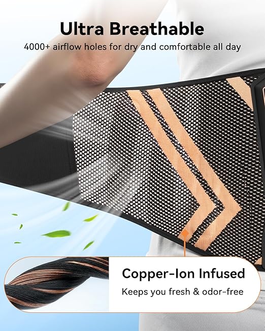 Ultra Breathable Back Brace for Lower Back Pain Relief,[Medical Grade & Copper Infused] Lumbar Support Belt with Bionic Support System, Adjustable Back Support Brace for Sciatica,Herniated Disc,Men&Women(2XL)
