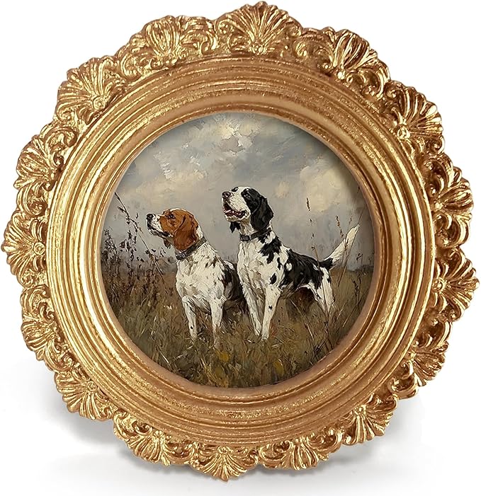 Dog Beagle Round Picture Frame Wall Decor, Rustic Farmhouse Gold Mini Ornate Photo Frame for TableTop Desk 2.7in Photo, Vintage Framed Artwork for Walls Office Bedroom Shelf