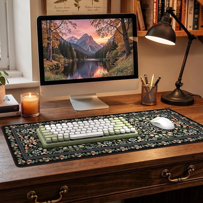 iCasso Aesthetic Floral Desk Mat, L Mouse Pads, Anti-Slip Retro Mousepad with Stitched Edges, Waterproof Computer Pad 11.8"x31.5",Desk Accessories Office Decor for Women(Black)